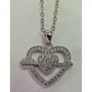 Silver Double Heart Pendant Necklace Faux Diamond Cupids Arrow 20"